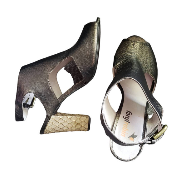 Anthropologie Farylrobin Roxanne Bronze Metallic peep toe healed sandals - Picture 2 of 10